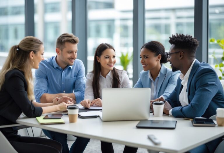Um grupo diversificado de jovens profissionais conversando em um escritório moderno e iluminado.