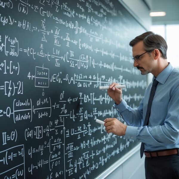 Pessoa concentrada olhando para um quadro cheio de fórmulas matemáticas complexas em um ambiente acadêmico.
