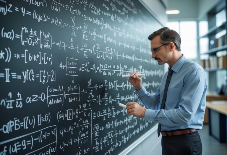 Pessoa concentrada olhando para um quadro cheio de fórmulas matemáticas complexas em um ambiente acadêmico.