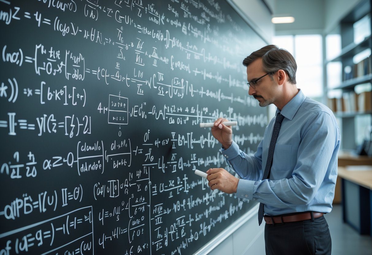 Pessoa concentrada olhando para um quadro cheio de fórmulas matemáticas complexas em um ambiente acadêmico.