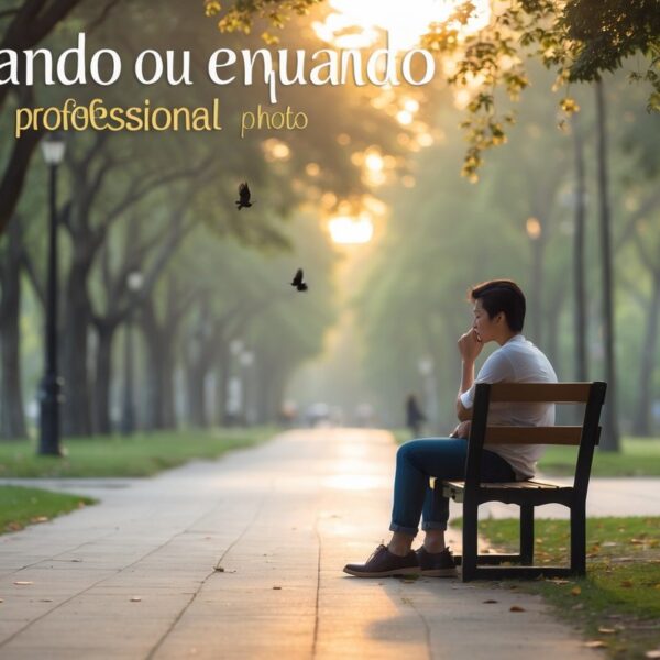 Pessoa sentada em um banco de parque, olhando pensativa em um ambiente tranquilo com árvores e luz suave do sol.