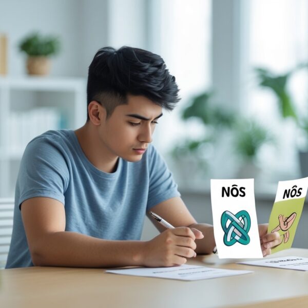 Pessoa pensativa sentada em uma mesa com cadernos e folhas ilustrando conceitos de 'nos' e 'nós' em um ambiente de escritório moderno e iluminado.