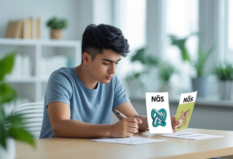 Pessoa pensativa sentada em uma mesa com cadernos e folhas ilustrando conceitos de 'nos' e 'nós' em um ambiente de escritório moderno e iluminado.
