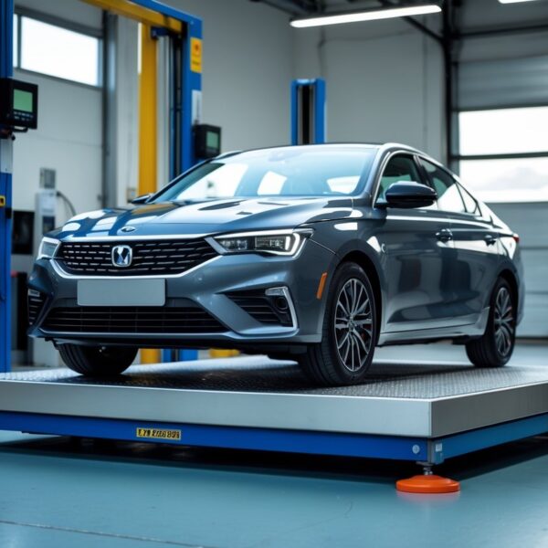 Um carro moderno posicionado sobre uma balança digital grande em uma oficina automotiva.