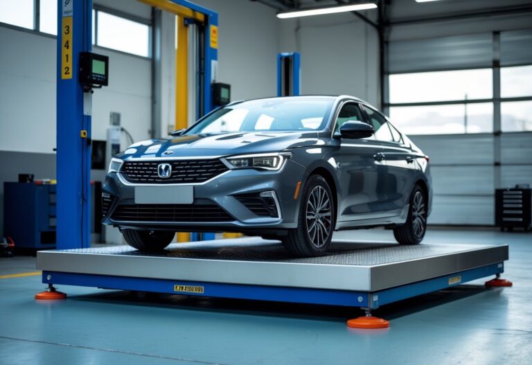 Um carro moderno posicionado sobre uma balança digital grande em uma oficina automotiva.