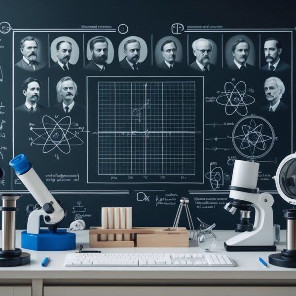 Mesa de trabalho com instrumentos científicos e símbolos relacionados à física, como modelos atômicos, quadros com equações e representações de ondas e gravidade.