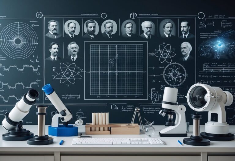 Mesa de trabalho com instrumentos científicos e símbolos relacionados à física, como modelos atômicos, quadros com equações e representações de ondas e gravidade.