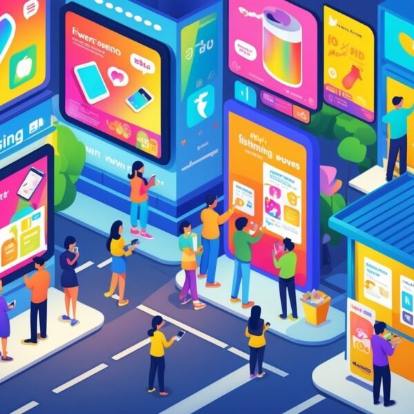 Cena urbana com pessoas interagindo com anúncios em outdoors digitais, cartazes e dispositivos móveis, mostrando diferentes formas de publicidade.