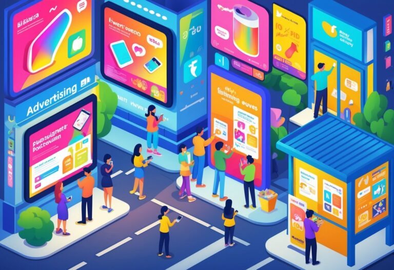 Cena urbana com pessoas interagindo com anúncios em outdoors digitais, cartazes e dispositivos móveis, mostrando diferentes formas de publicidade.