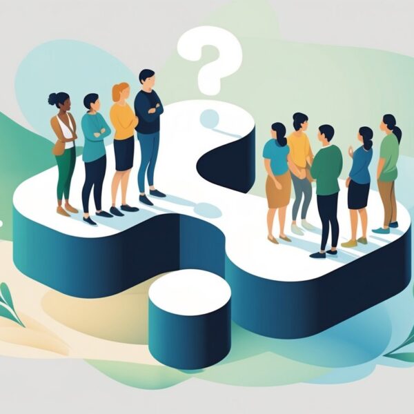 Duas grupos de pessoas em uma plataforma em forma de ponto de interrogação, um grupo olhando para fora e outro conversando entre si.