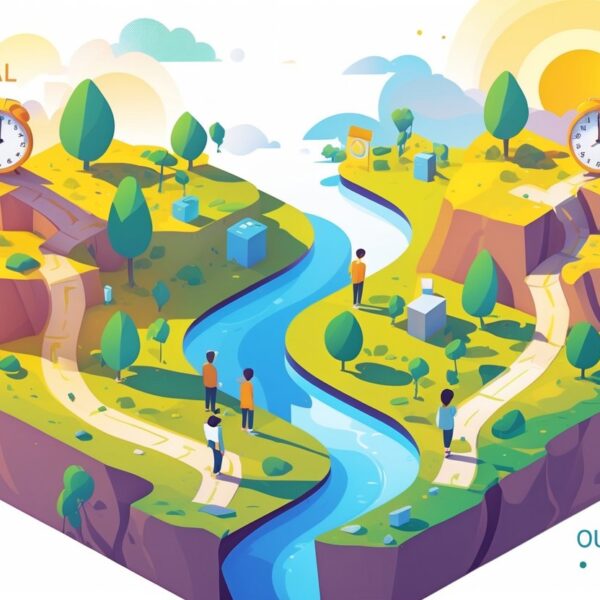 Cruzamento com dois caminhos divergentes, um com luz do nascer do sol e outro com luz do pôr do sol, simbolizando escolhas relacionadas ao tempo e ao final de algo.