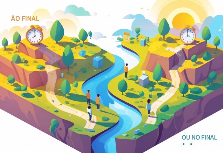 Cruzamento com dois caminhos divergentes, um com luz do nascer do sol e outro com luz do pôr do sol, simbolizando escolhas relacionadas ao tempo e ao final de algo.