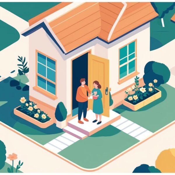 Duas pessoas em uma visita, uma recebendo a outra na porta de uma casa com um jardim ao redor.