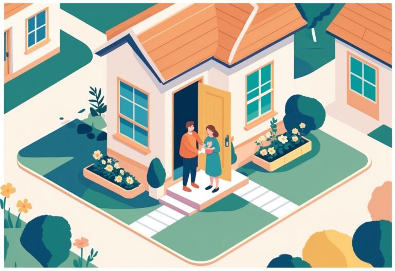 Duas pessoas em uma visita, uma recebendo a outra na porta de uma casa com um jardim ao redor.