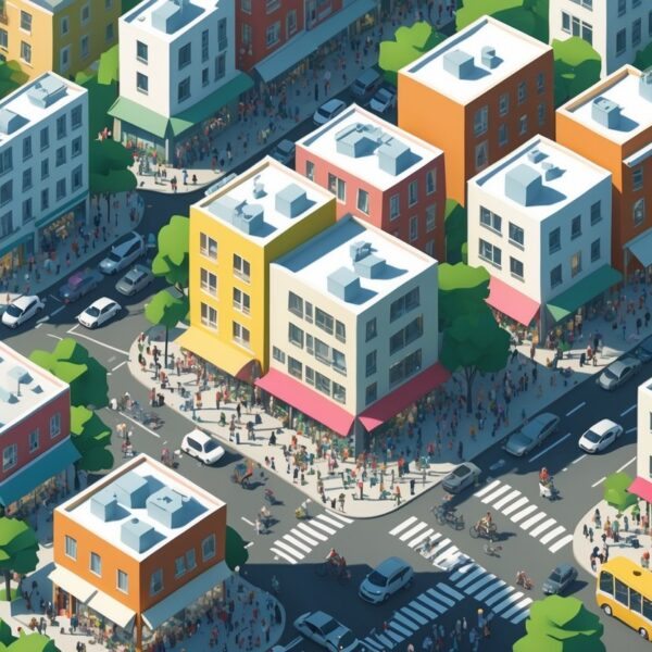 Vista de uma área urbana densamente povoada com muitos prédios, pessoas nas ruas e veículos em movimento.