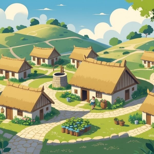 Uma pequena vila tranquila com casas simples, pessoas realizando atividades diárias e natureza ao redor.