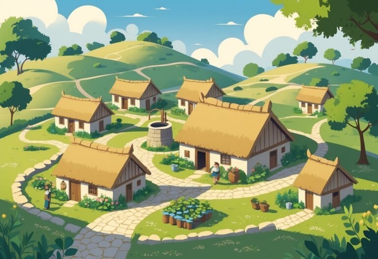 Uma pequena vila tranquila com casas simples, pessoas realizando atividades diárias e natureza ao redor.