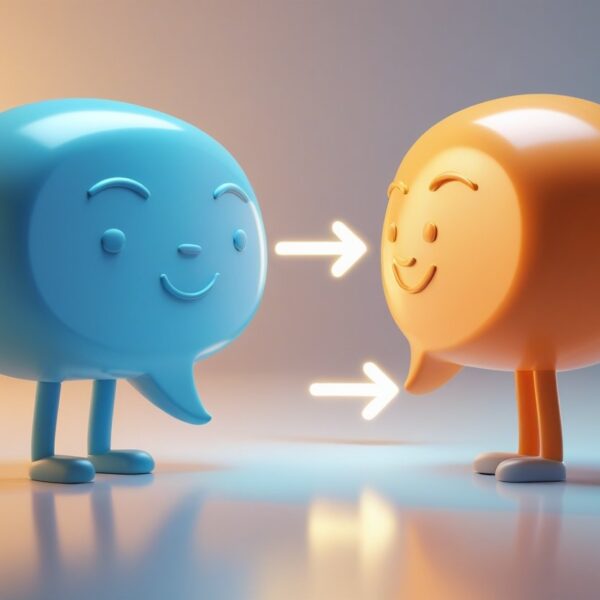 Duas figuras em forma de balões de fala, uma azul e translúcida e outra laranja opaca, olhando uma para a outra com setas brilhantes entre elas, simbolizando uma escolha.