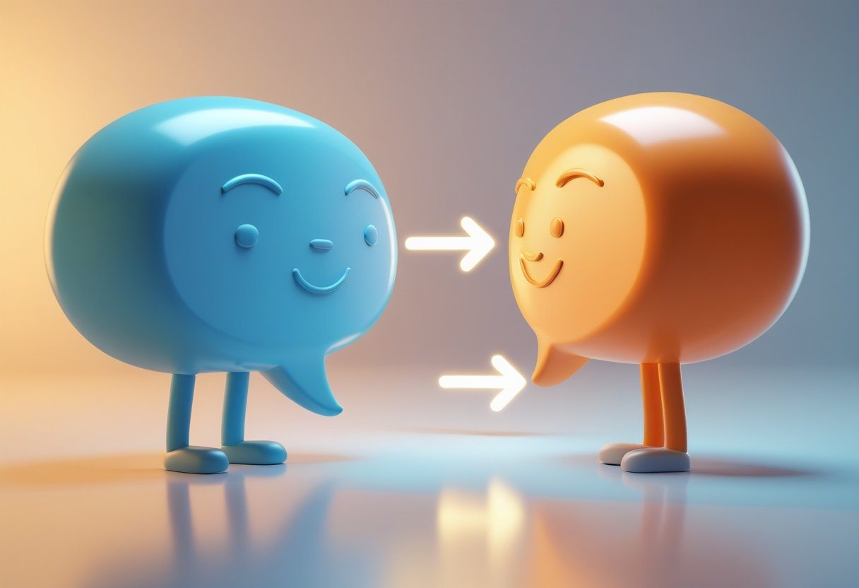 Duas figuras em forma de balões de fala, uma azul e translúcida e outra laranja opaca, olhando uma para a outra com setas brilhantes entre elas, simbolizando uma escolha.