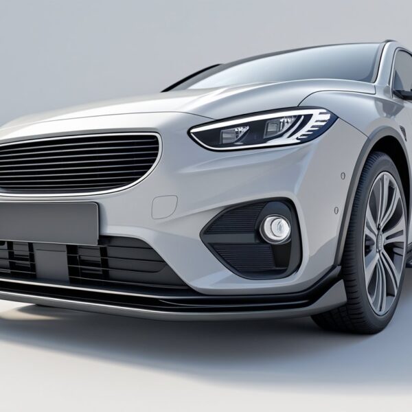 Renderização 3D de um parachoque de carro moderno visto de frente em fundo branco.