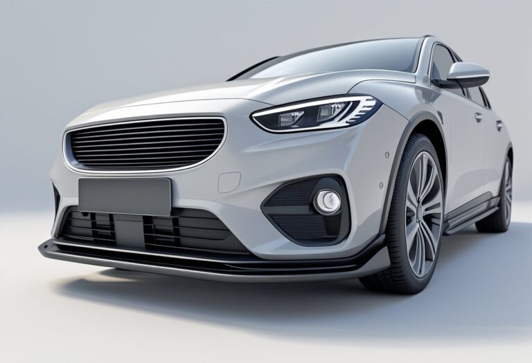 Renderização 3D de um parachoque de carro moderno visto de frente em fundo branco.