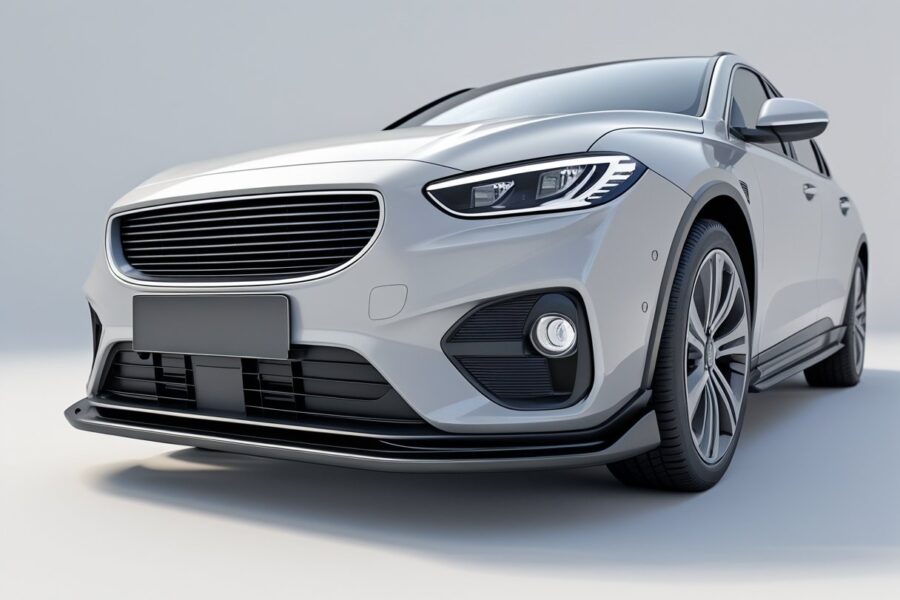 Renderização 3D de um parachoque de carro moderno visto de frente em fundo branco.