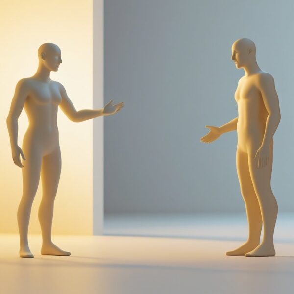 Duas figuras humanas em um ambiente simples, uma estende a mão convidando e a outra hesita, expressando dúvida.