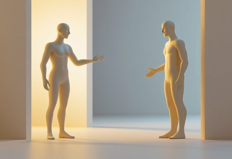 Duas figuras humanas em um ambiente simples, uma estende a mão convidando e a outra hesita, expressando dúvida.