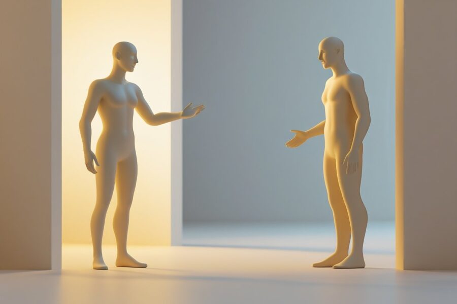 Duas figuras humanas em um ambiente simples, uma estende a mão convidando e a outra hesita, expressando dúvida.