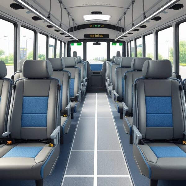 Interior de um ônibus urbano mostrando fileiras de assentos confortáveis dispostos ao longo do corredor central.