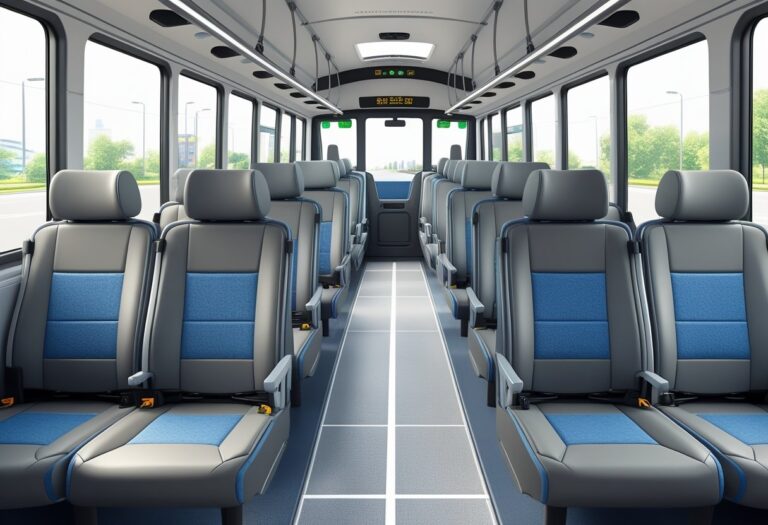 Interior de um ônibus urbano mostrando fileiras de assentos confortáveis dispostos ao longo do corredor central.