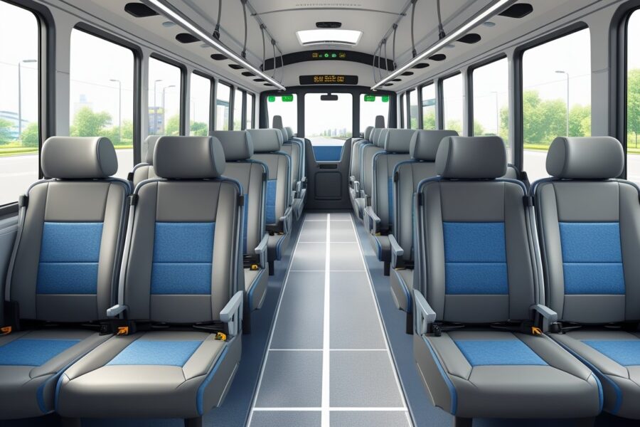 Interior de um ônibus urbano mostrando fileiras de assentos confortáveis dispostos ao longo do corredor central.