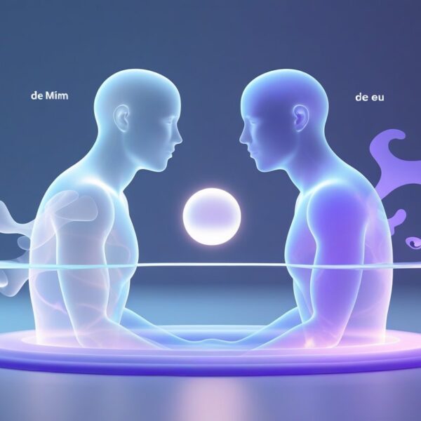 Duas figuras humanas translúcidas e iluminadas frente a frente, com uma esfera brilhante entre elas, em um ambiente etéreo e calmo.