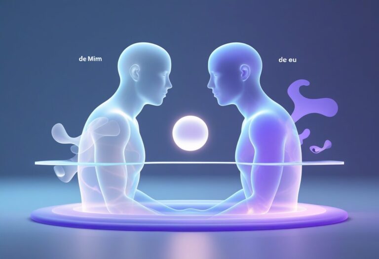 Duas figuras humanas translúcidas e iluminadas frente a frente, com uma esfera brilhante entre elas, em um ambiente etéreo e calmo.