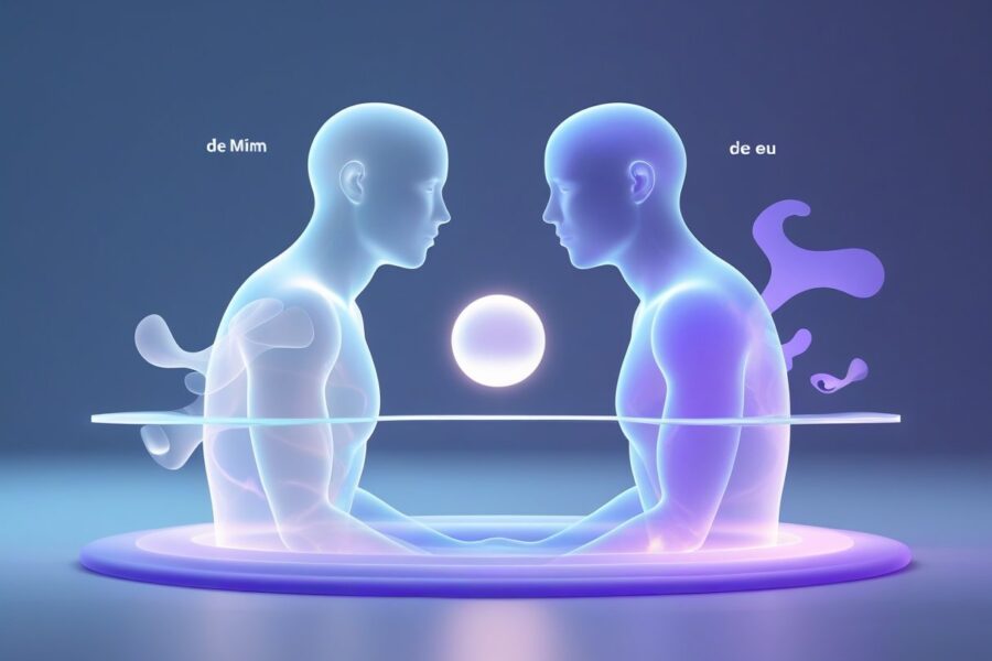 Duas figuras humanas translúcidas e iluminadas frente a frente, com uma esfera brilhante entre elas, em um ambiente etéreo e calmo.