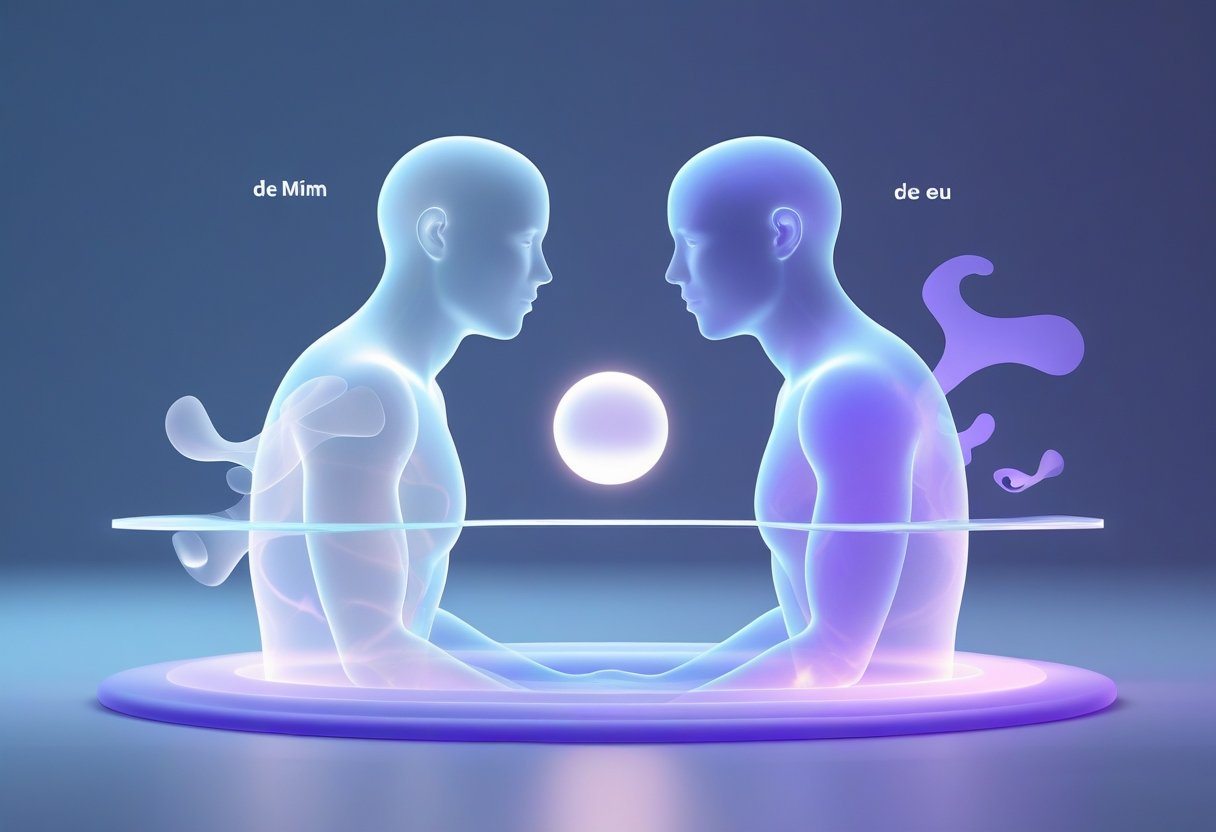 Duas figuras humanas translúcidas e iluminadas frente a frente, com uma esfera brilhante entre elas, em um ambiente etéreo e calmo.