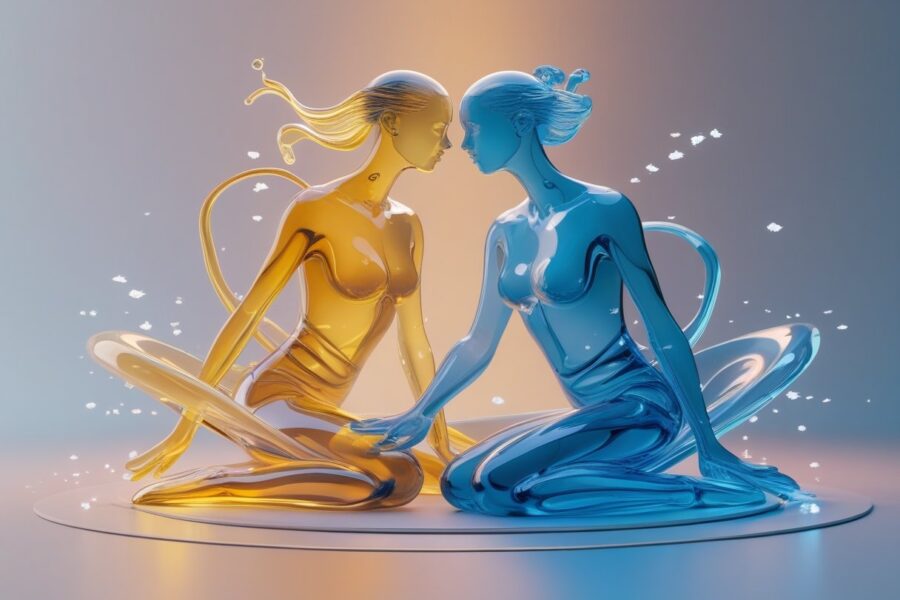 Duas figuras humanas translúcidas entrelaçadas, uma iluminada em dourado e outra em azul, em um fundo degradê de laranja para azul com partículas flutuantes ao redor.