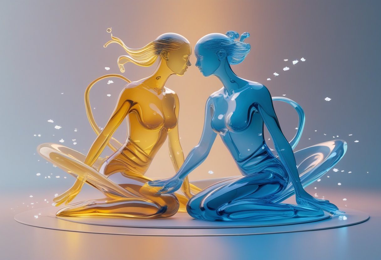 Duas figuras humanas translúcidas entrelaçadas, uma iluminada em dourado e outra em azul, em um fundo degradê de laranja para azul com partículas flutuantes ao redor.