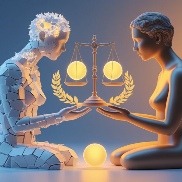 Duas figuras humanas abstratas de frente uma para a outra, uma feita de fragmentos translúcidos e a outra sólida segurando uma coroa de louros, com uma balança flutuante entre elas em um fundo de gradiente suave.