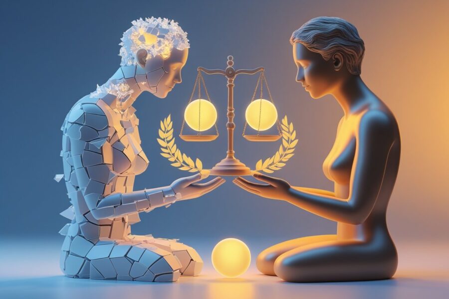 Duas figuras humanas abstratas de frente uma para a outra, uma feita de fragmentos translúcidos e a outra sólida segurando uma coroa de louros, com uma balança flutuante entre elas em um fundo de gradiente suave.