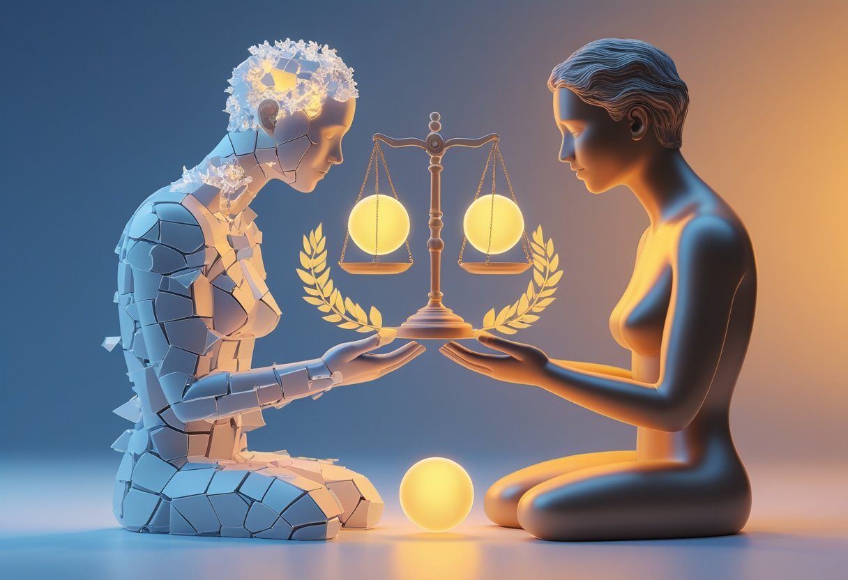Duas figuras humanas abstratas de frente uma para a outra, uma feita de fragmentos translúcidos e a outra sólida segurando uma coroa de louros, com uma balança flutuante entre elas em um fundo de gradiente suave.