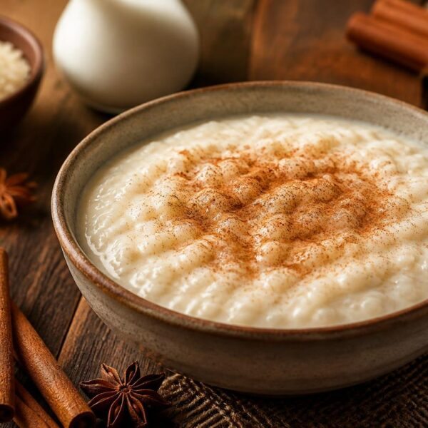 Uma tigela de arroz doce com canela polvilhada, cercada por ingredientes naturais sobre uma mesa de madeira.