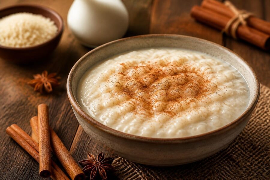 Uma tigela de arroz doce com canela polvilhada, cercada por ingredientes naturais sobre uma mesa de madeira.
