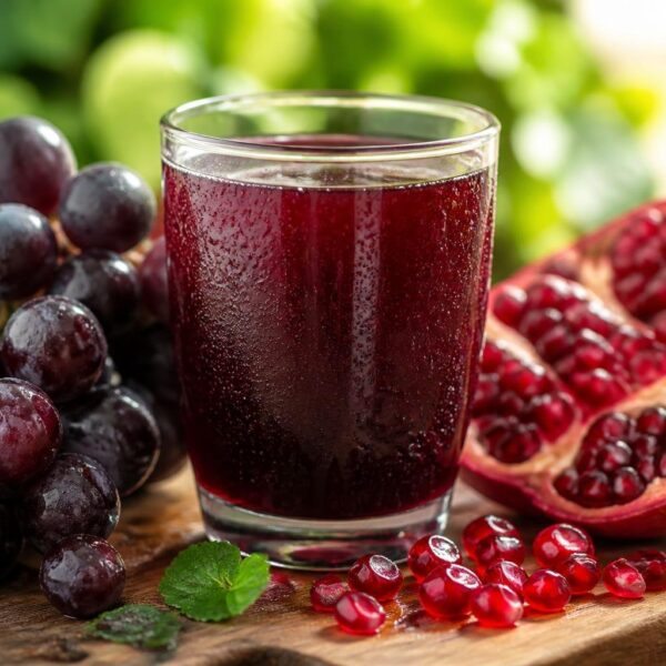 Copo de suco roxo de uva com romã em uma mesa de madeira, cercado por uvas e sementes de romã frescas.