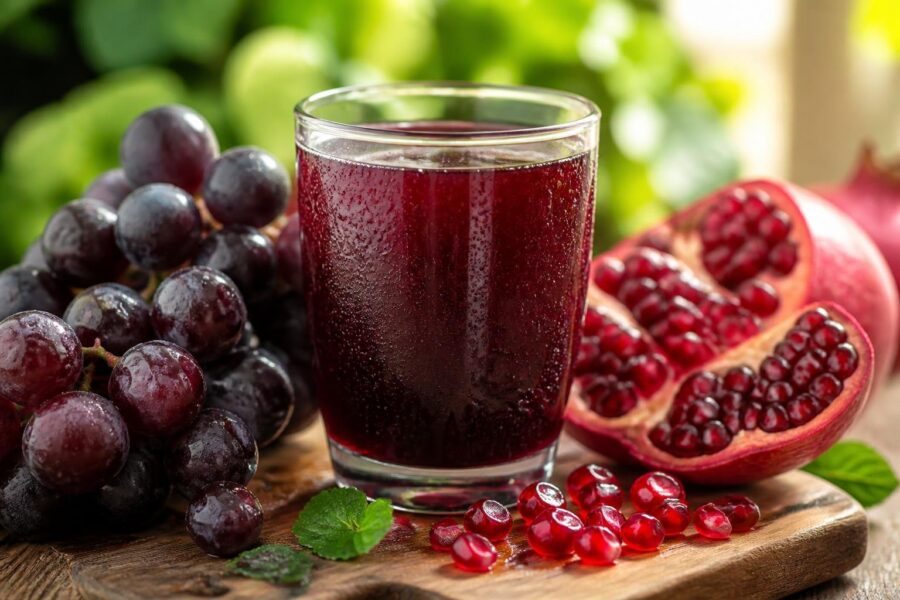 Copo de suco roxo de uva com romã em uma mesa de madeira, cercado por uvas e sementes de romã frescas.