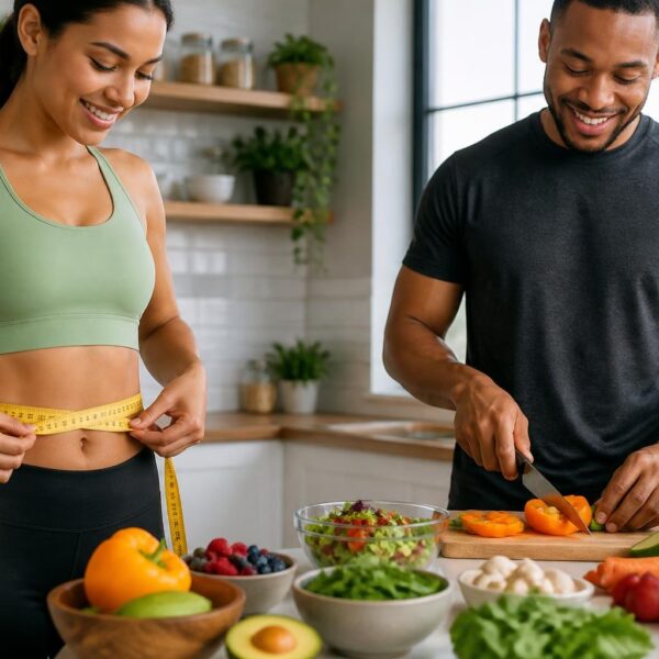 Pessoas em uma cozinha moderna preparando alimentos saudáveis e medindo a cintura, representando controle de peso.