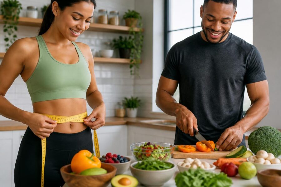 Pessoas em uma cozinha moderna preparando alimentos saudáveis e medindo a cintura, representando controle de peso.