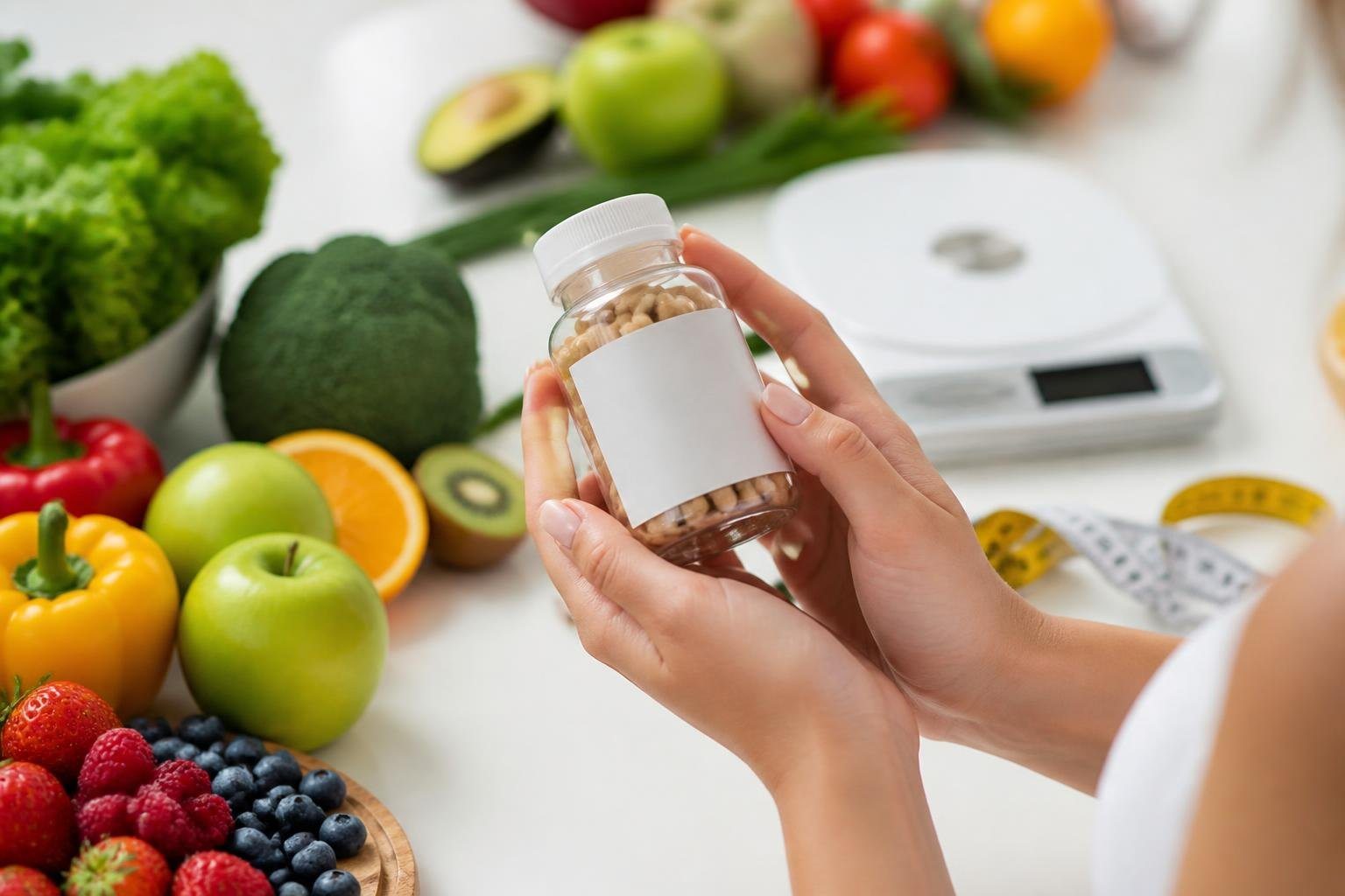 Mãos segurando um frasco de cápsulas ao lado de frutas, vegetais, uma balança digital e uma fita métrica sobre uma bancada de cozinha.