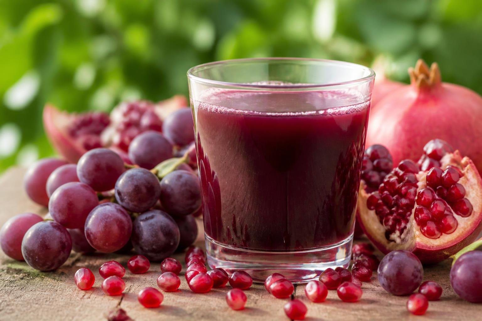 Copo de suco de uva com romã ao lado de uvas roxas e sementes de romã sobre uma mesa de madeira.