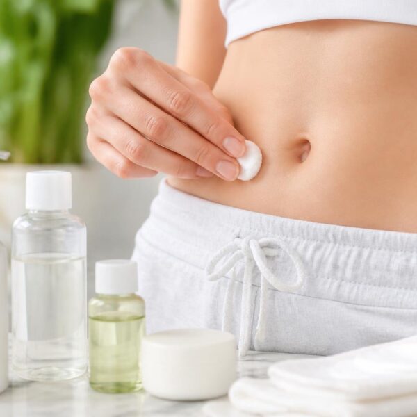 Pessoa lavando suavemente o umbigo com um pano branco em um banheiro limpo com produtos de cuidado ao redor.